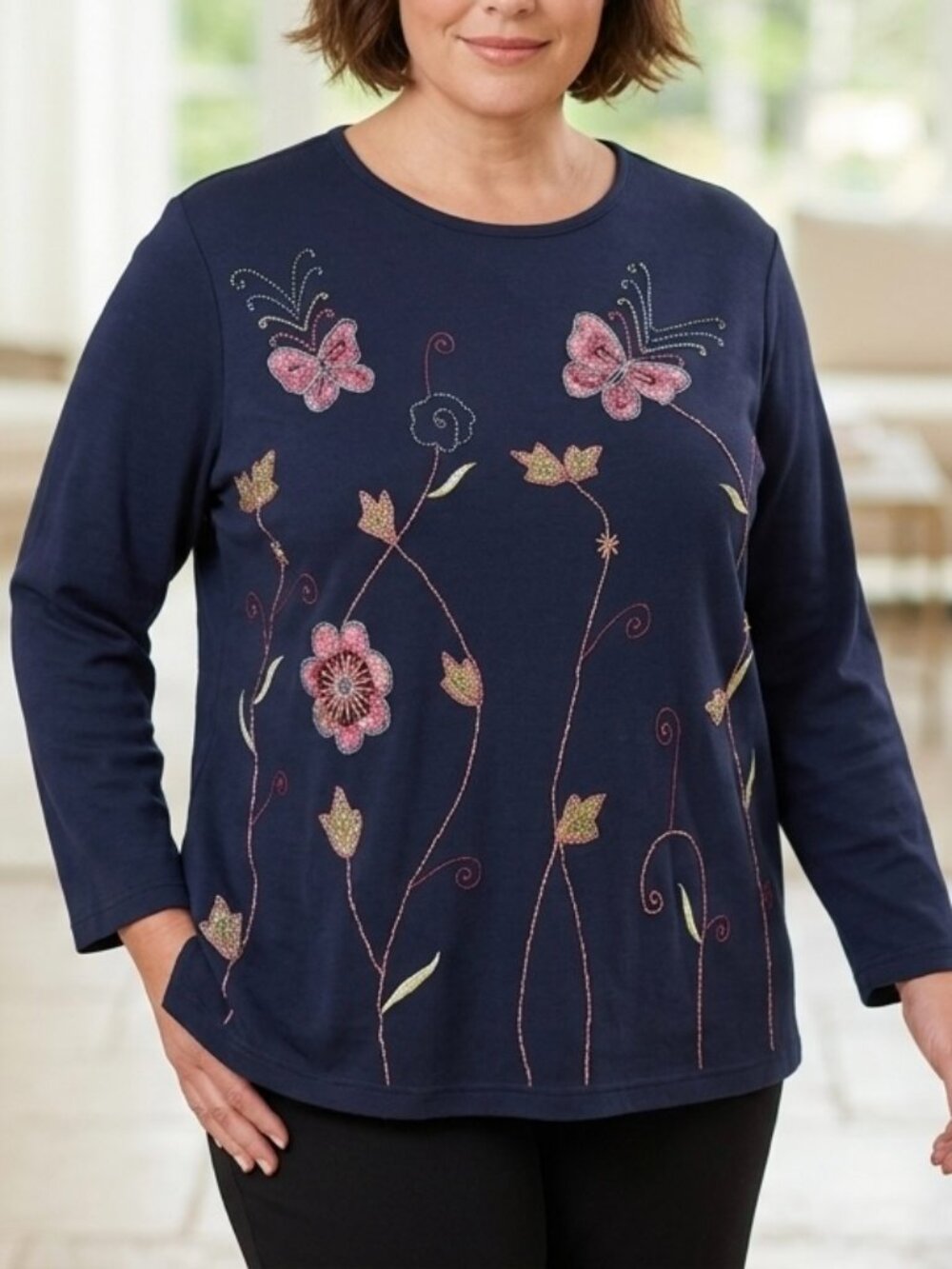 Vintage 90s Quacker Factory Women Navy Top 1X Embroidered Butterfly Whimsical